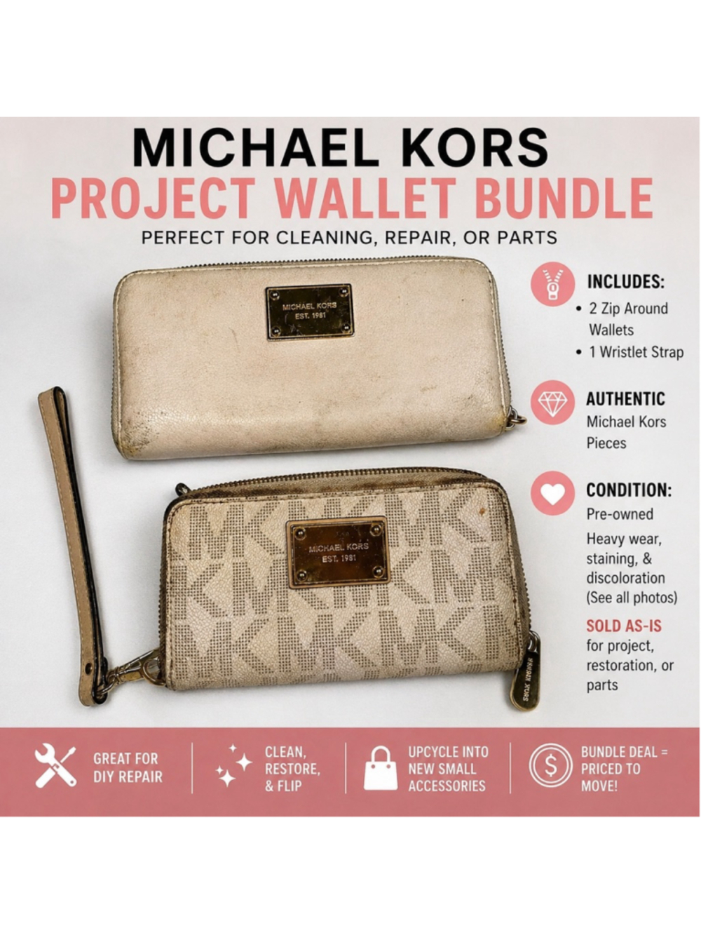Michael Kors Wallet Bundle Project Lot Zip Around Wristlet MK Logo Parts Repair